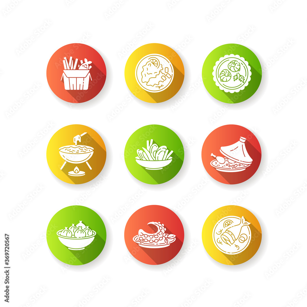 Naklejka premium Restaurant dishes flat design long shadow glyph icons set. Fish and chips. Moules frites. Falafel dish. French crepe. Soused herring. Asian seafood. Khinkali meal. Silhouette RGB color illustration