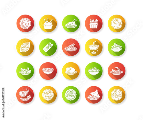 Best national dish flat design long shadow glyph icons set. Traditional meal for tourist attraction. Lunch recipe. Ingredient for restaurant dinner. French fries. Silhouette RGB color illustration