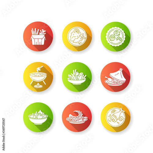 Restaurant dishes flat design long shadow glyph icons set. Fish and chips. Moules frites. Falafel dish. French crepe. Soused herring. Asian seafood. Khinkali meal. Silhouette RGB color illustration