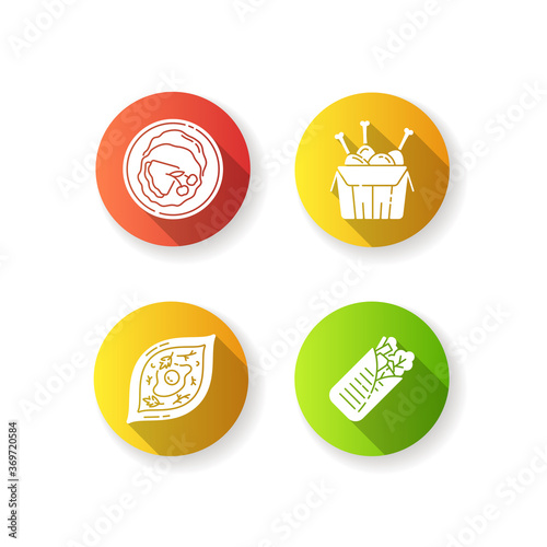 Fast food flat design long shadow glyph icons set. French crepe. Shawarma for take away. Georgian khachapuri. Tandoori chicken. Fried junk food for take out. Silhouette RGB color illustration