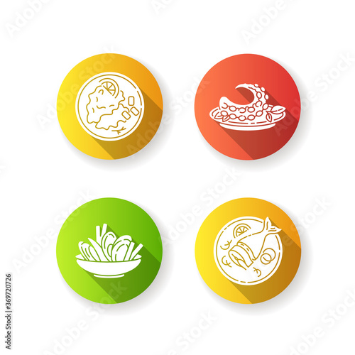 National dish flat design long shadow glyph icons set. Soused herring. Mussels and chips. Octopus dish. Moules frites. Portuguese polvo. Restaurant meal. Silhouette RGB color illustration