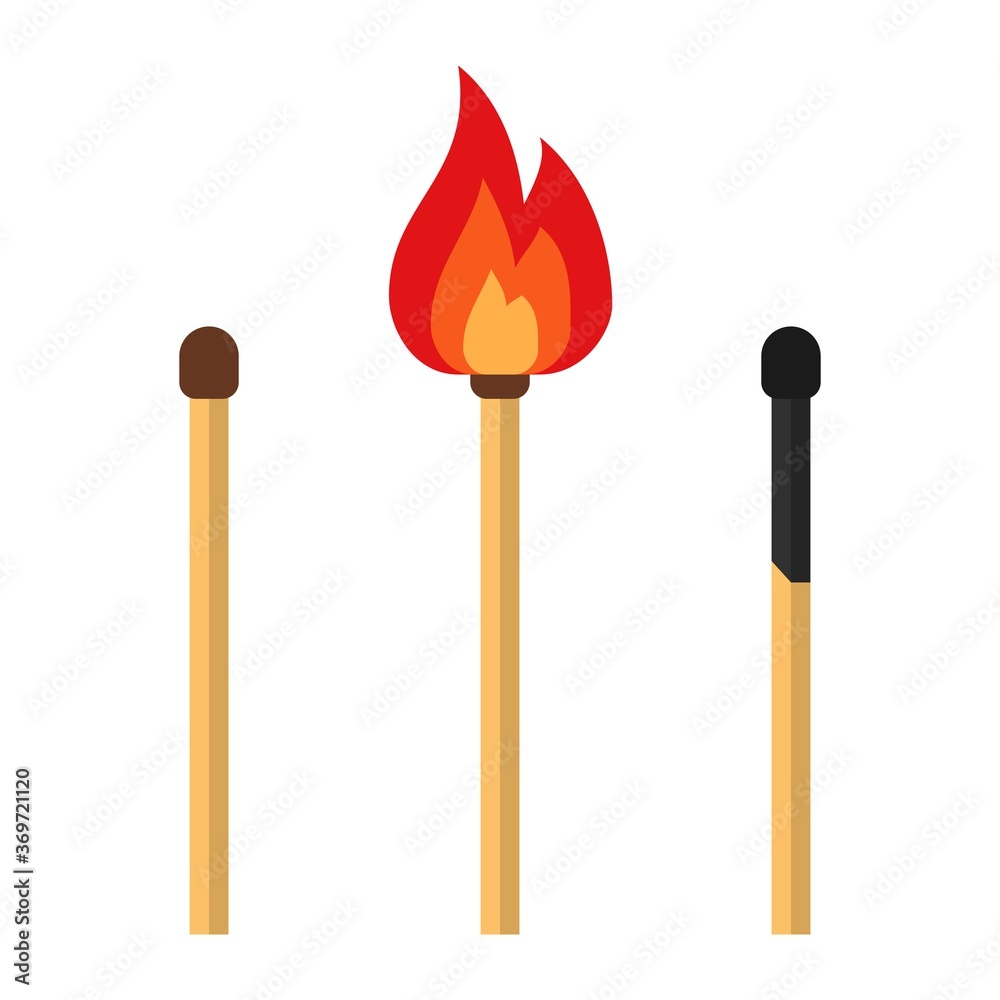 Matches, lighted match and burned match isolated on white background. Vector illustration Matches, lighted match and burned match isolated on white background. Vector illustration