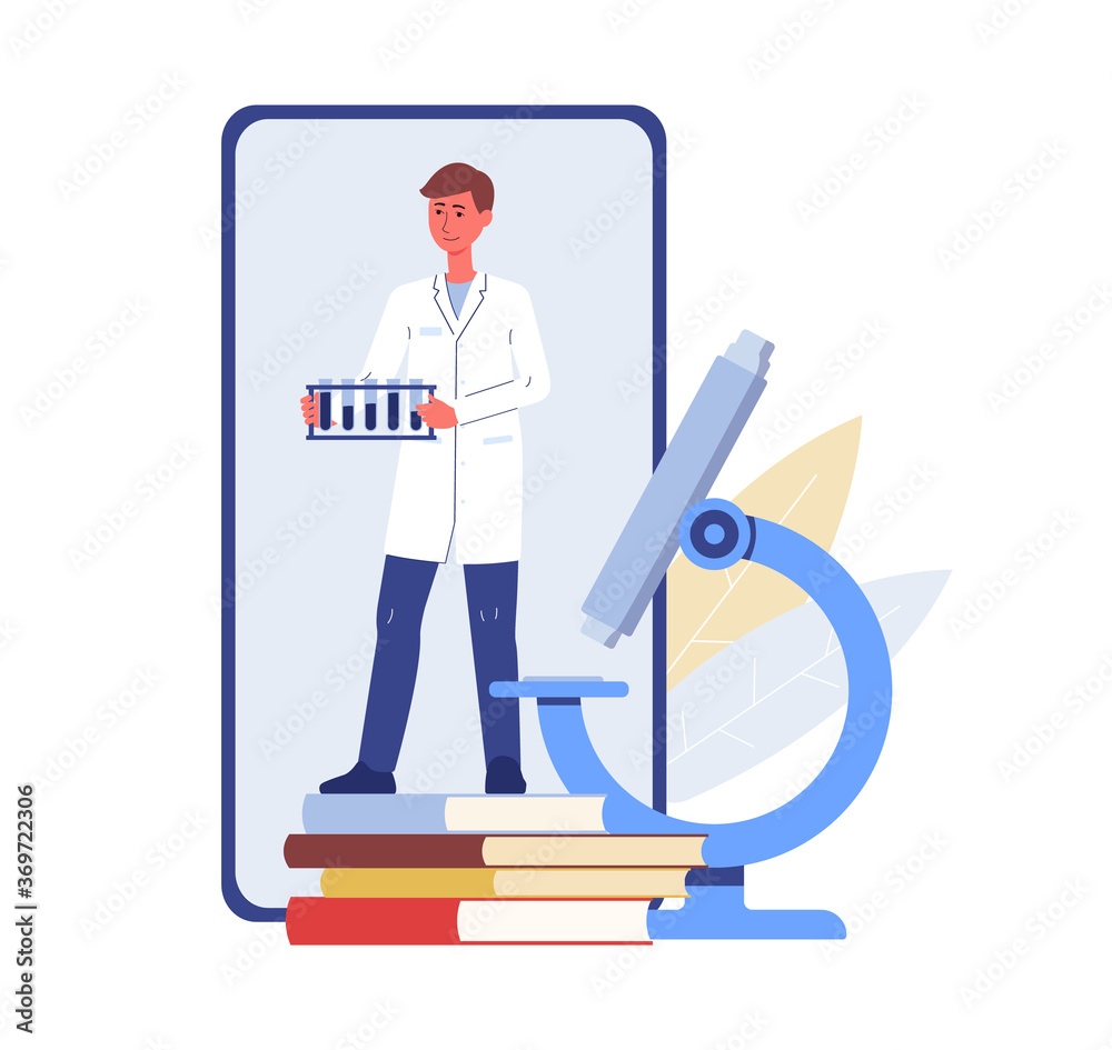 Scientist with chemical test tubes and microscope vector illustration isolated.