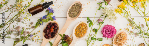panoramic shot of herbs in spoons near flowers and bottle on white wooden background, naturopathy concept photo