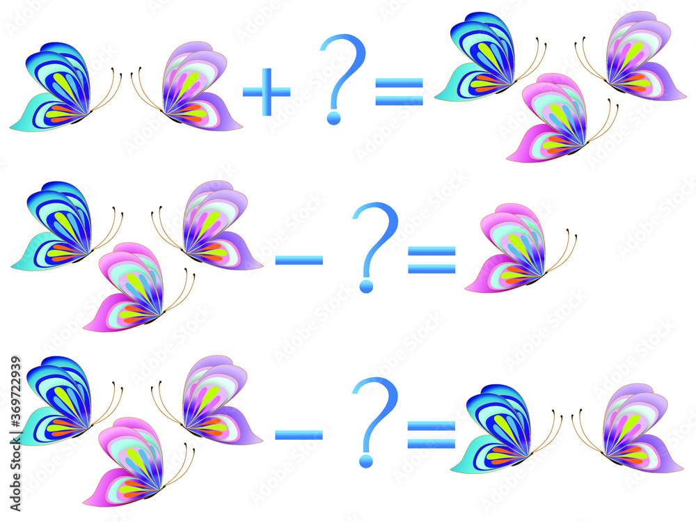 Action relationship of addition and subtraction, examples with butterflies. Educational games for children. Action relationship of addition and subtraction, examples with butterflies. Educational games for children.