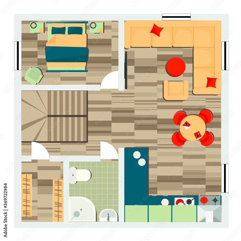 House floor plan with furniture. Top view. Flat Design Style. illustration