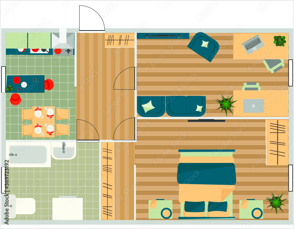 Apartment Floor Plan with Furniture Top View.  Flat Design Style. 
