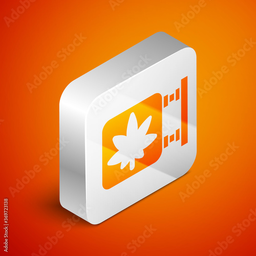 Isometric Marijuana and cannabis store icon isolated on orange background. Equipment and accessories for smoking, storing medical cannabis. Silver square button. Vector Illustration.