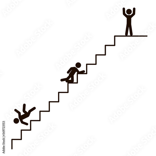 Climbing a person up the career ladder. Fall and goal achievement. Winner. Icon. Vector illustration. Black and white outline