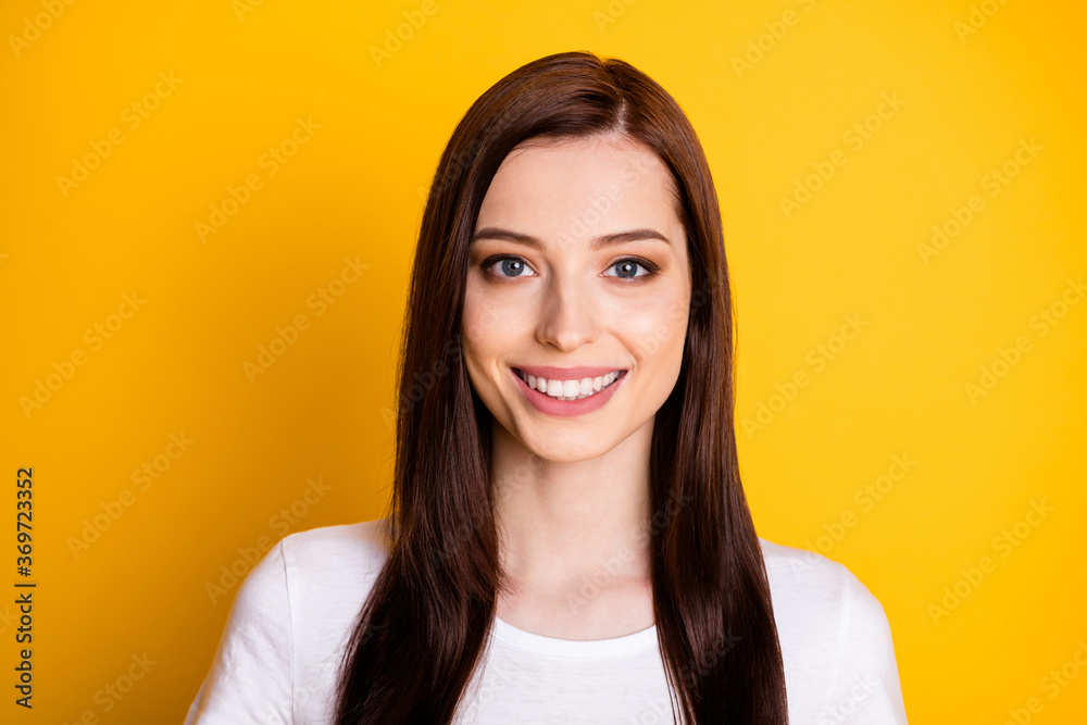Portrait of nice girlish lady look in camera toothy smiling wear casual style outfit isolated over vibrant color background Portrait of nice girlish lady look in camera toothy smiling wear casual style outfit isolated over vibrant color background