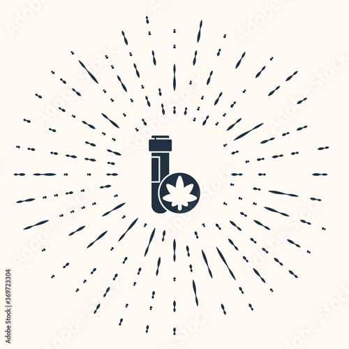 Grey Chemical test tube with marijuana or cannabis leaf icon isolated on beige background. Research concept. Laboratory CBD oil. Abstract circle random dots. Vector Illustration.