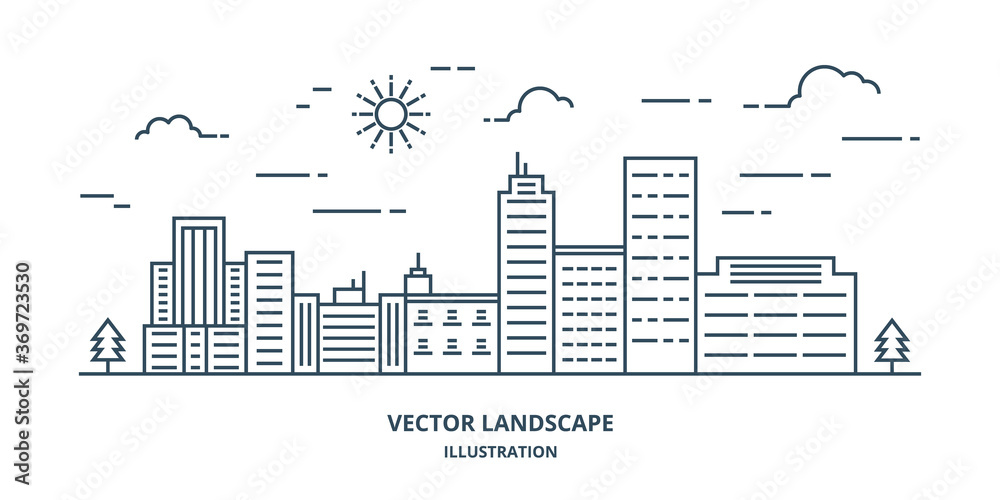Cityscape in modern flat line vector. Thin line city landscape with building, clouds, sun, tree. Vector illustration. 