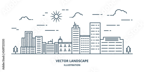 Cityscape in modern flat line vector. Thin line city landscape with building  clouds  sun  tree. Vector illustration. 