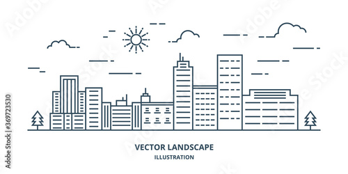 Cityscape in modern flat line vector. Thin line city landscape with building, clouds, sun, tree. Vector illustration. 