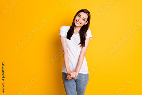 Photo of nice attractive candid girl enjoy spring holiday wear casual style outfit isolated over vivid color background