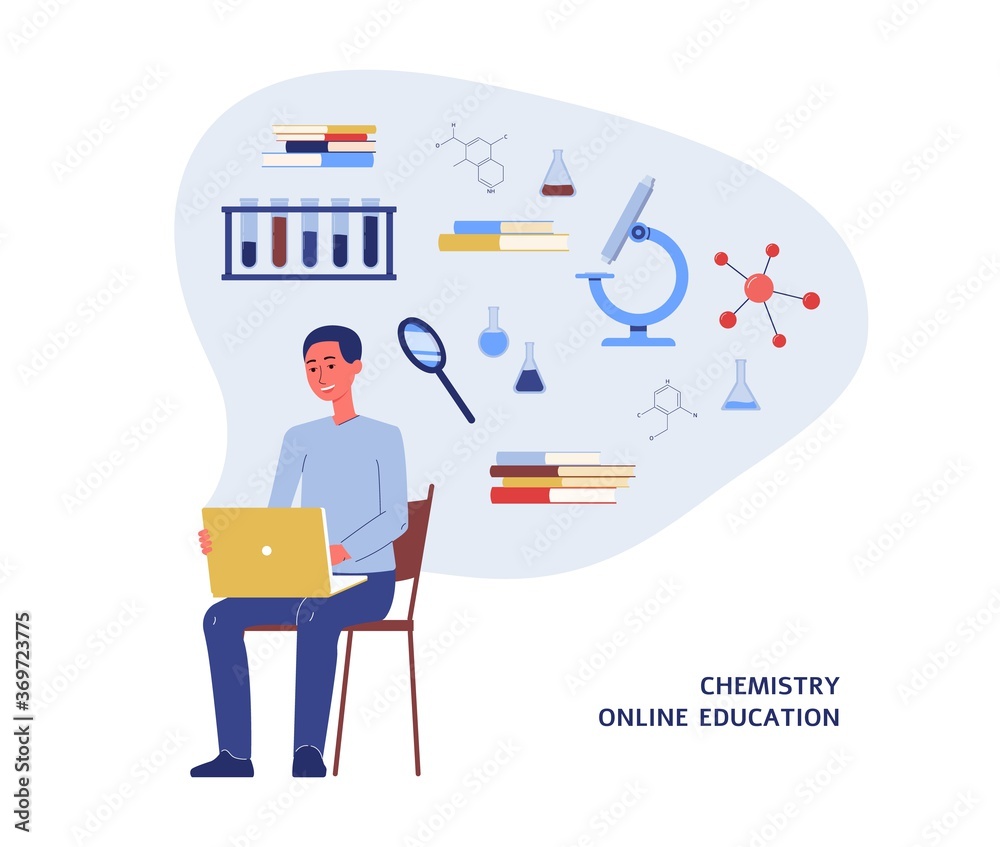 Cartoon student learning chemistry on laptop - online education poster