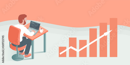 A young man is working remotely with a laptop. Sits at a table with a cup of coffee. Financial growth and success graph. Place for text. Vector isometric illustration.