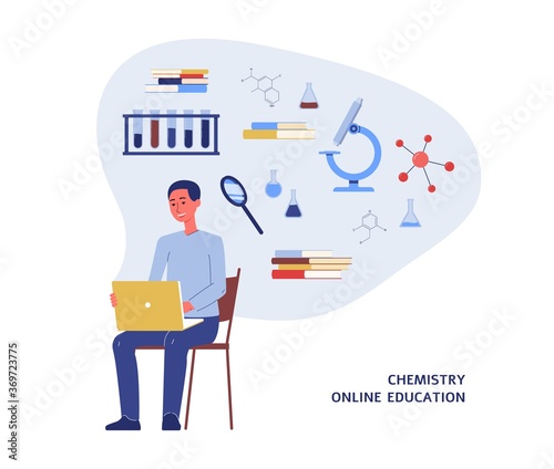 Cartoon student learning chemistry on laptop - online education poster
