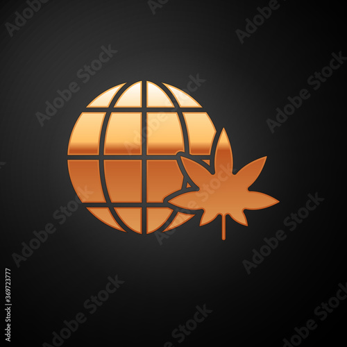 Gold Legalize marijuana or cannabis globe symbol icon isolated on black background. Hemp symbol. Vector Illustration.