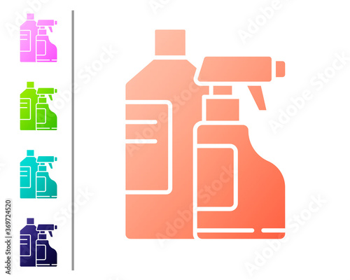 Coral Plastic bottles for laundry detergent, bleach, dishwashing liquid or another cleaning agent icon isolated on white background. Set color icons. Vector Illustration.