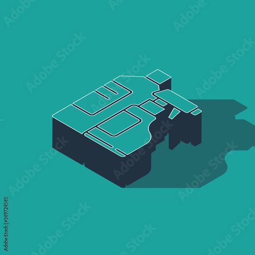 Isometric Plastic bottles for laundry detergent, bleach, dishwashing liquid or another cleaning agent icon isolated on green background. Vector Illustration.