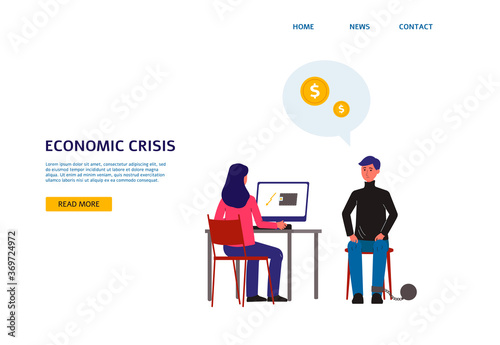 Unemployment in economic crisis banner with jobless man flat vector illustration.