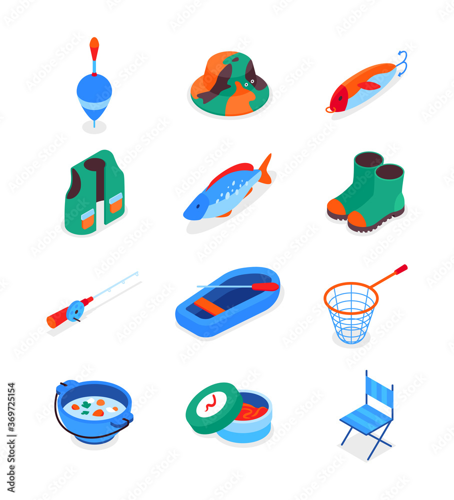 Fishing equipment - modern colorful isometric icons set