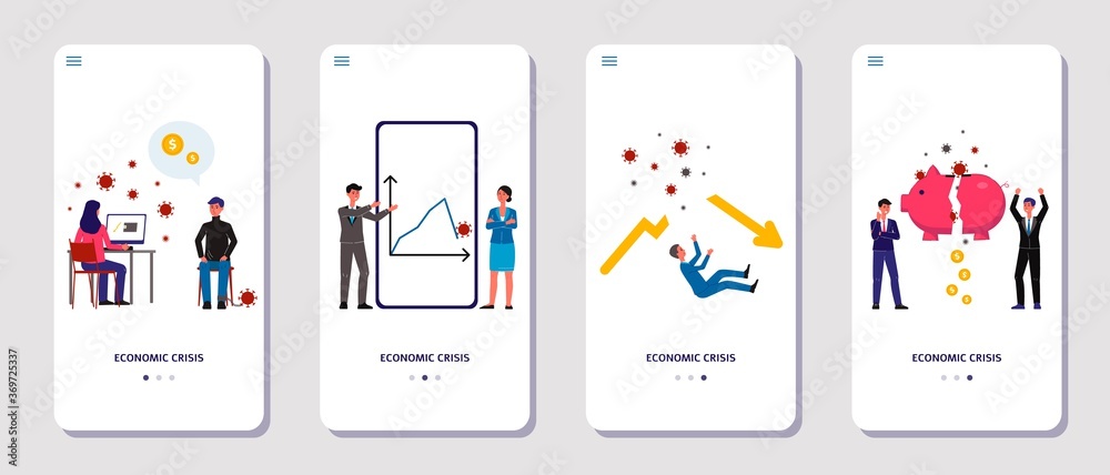 Fototapeta premium Economic crisis mobile app onboarding slide set with cartoon people