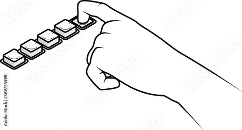 Line drawing of a human hand pressing one of a series of buttons.