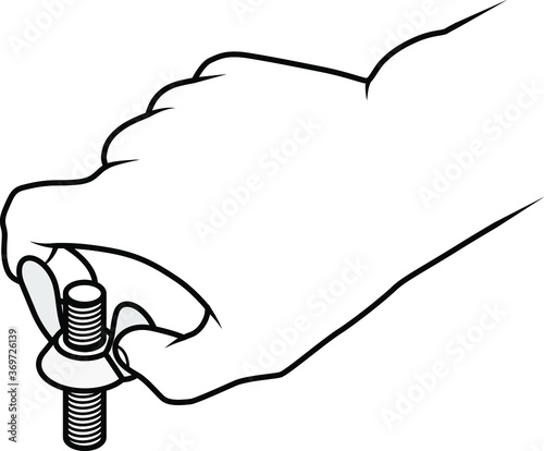 Line drawing of a human hand turning a wing nut on a bolt.