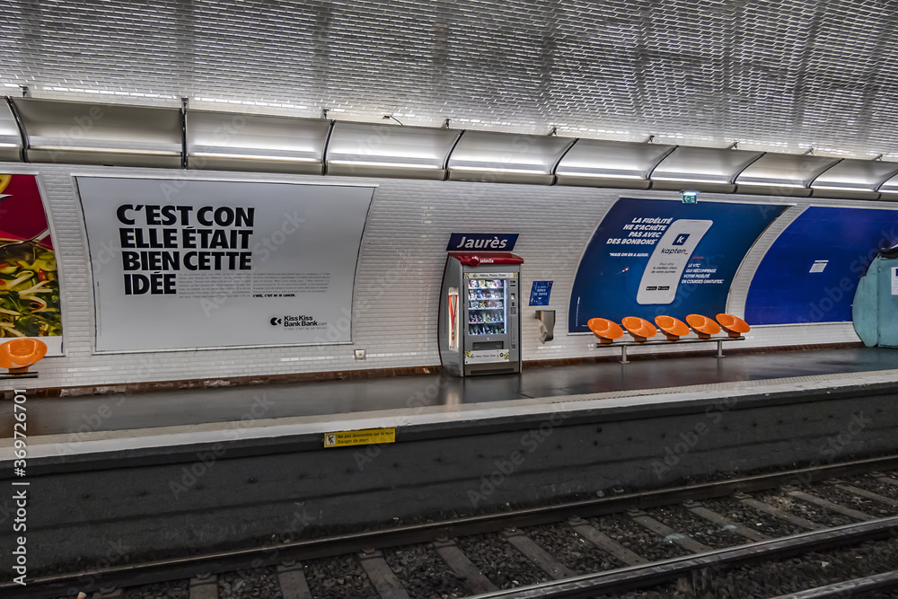 Interior of Jaures station of the Paris Metro. The station opened on 23