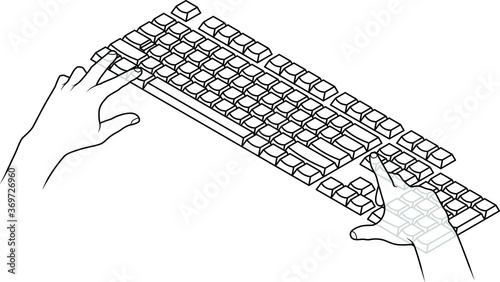 Human hands on a computer keyboard pressing a combination of keys: Ctrl-Alt-Del. Line art.