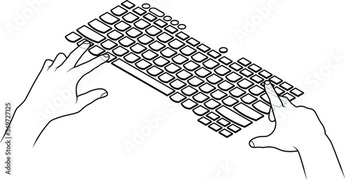 Human hands on a computer laptop keyboard (with two rows of function keys) pressing a combination of keys: Ctrl-Alt-Del. Line art.