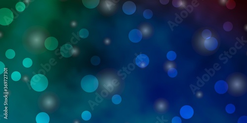 Light Blue, Red vector pattern with circles, stars. Glitter abstract illustration with colorful drops, stars. Pattern for booklets, leaflets.