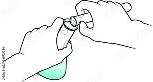 Hands pouring the contents of a test tube into a conical flask.