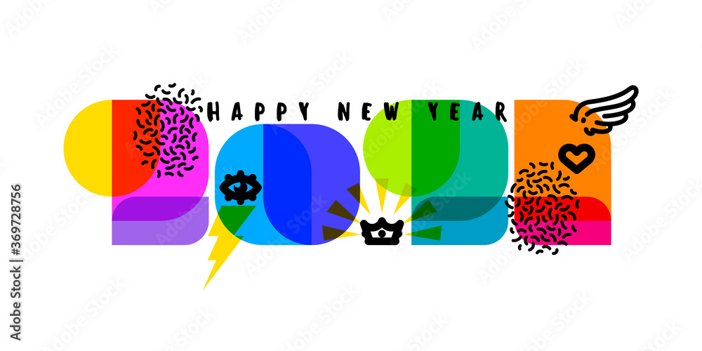 Obraz Happy New Year 2021 greeting card. Multicolored numbers with cool design elements like wing, eye, crown, heart isolated on white background. Retro vector illustration for brochure or calendar cover