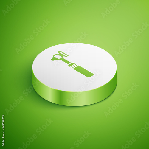 Isometric Medical otoscope tool icon isolated on green background. Medical instrument. White circle button. Vector Illustration.