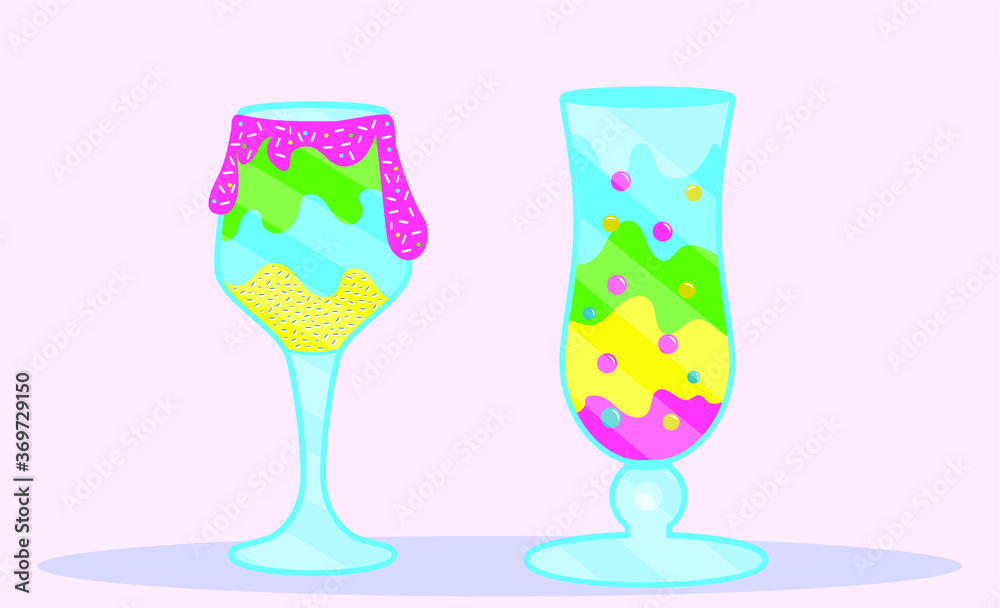 Set of two tropical alcohol cocktails in glass. Colorful bar drinks with topping, chia seeds and candu ice. Strawberry, pineapple, lime juice or smoothie. Cold fruit summer drinks vector illustration.