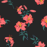 Abstract vintage seamless pink flower pattern on black background	