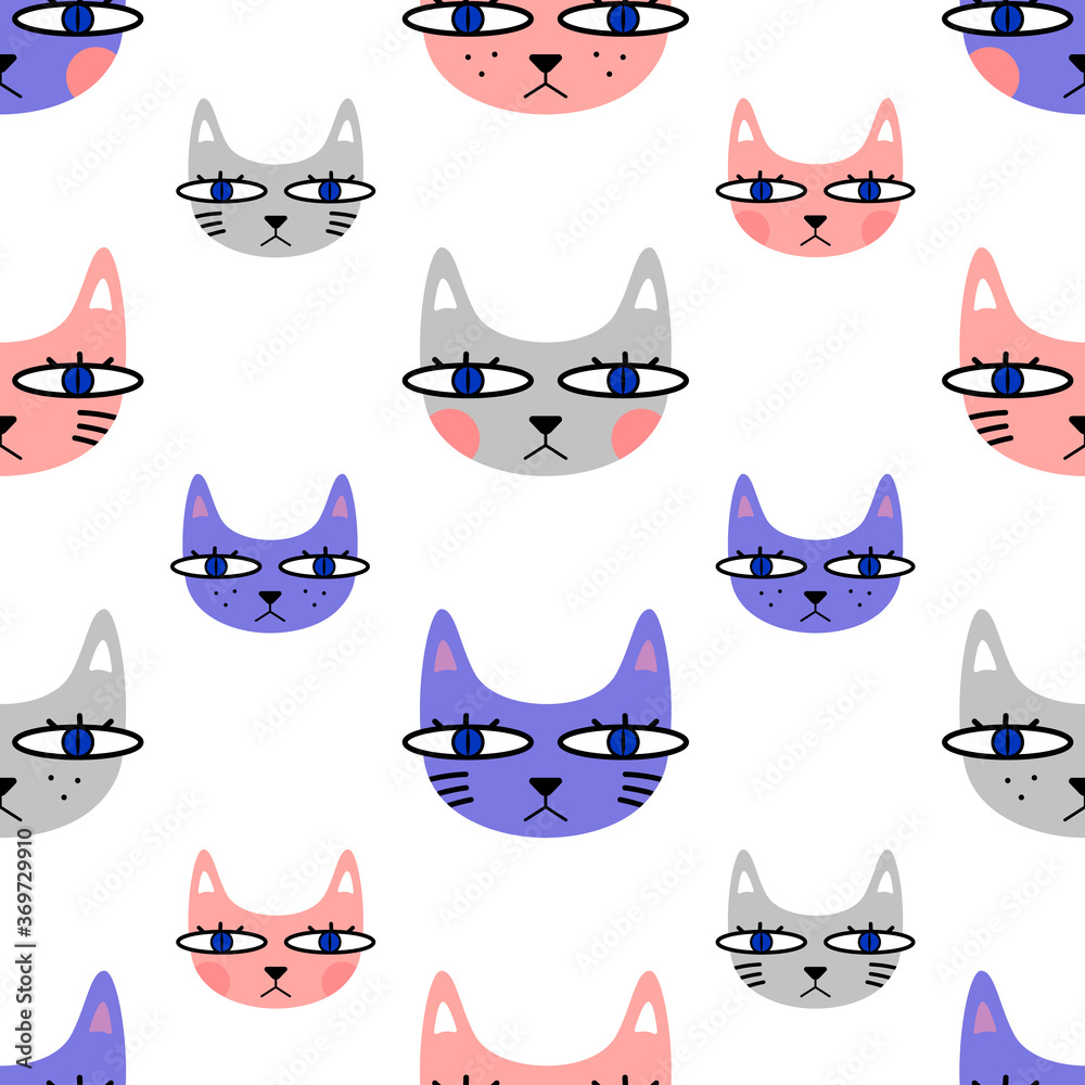 Seamless Pattern with cute hand-drawn 3 style cat faces. Vector illustration Seamless Pattern with cute hand-drawn 3 style cat faces. Vector illustration
