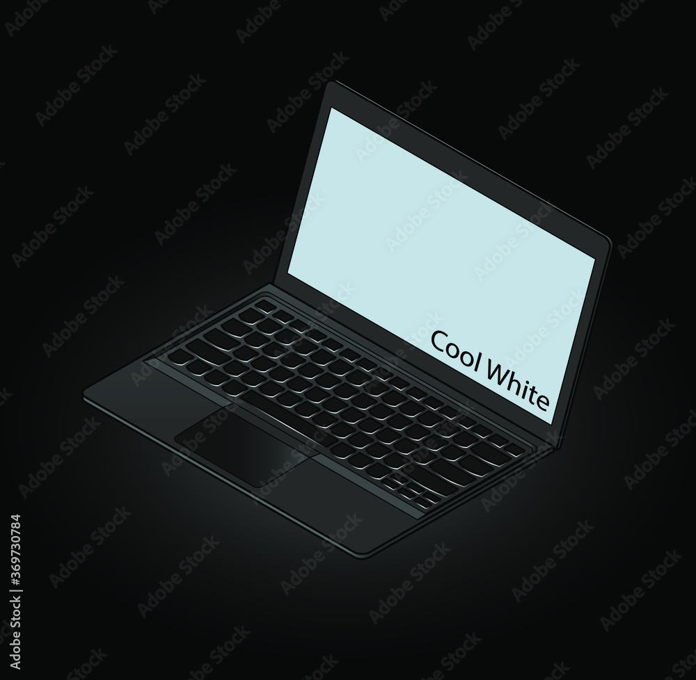 Colour temperature of a laptop screen. Cool white. Laptop has backlit keys. Colour temperature of a laptop screen. Cool white. Laptop has backlit keys.
