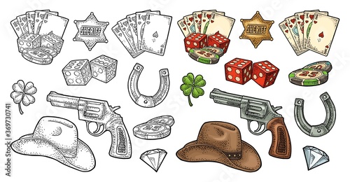 Casino set. Vector vintage color engraving isolated on white
