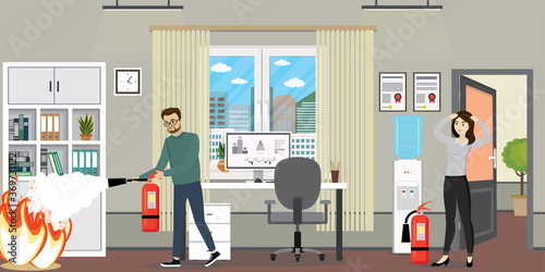 Caucasian office worker man holds red fire extinguisher. Cartoon people extinguishes fire in office room. Foam puts out flame