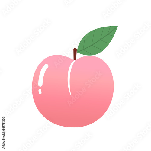 Pink peach with green leaf icon isolated on white background vector. Cute cartoon fruit.