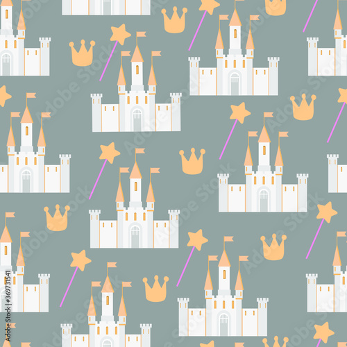 swan and castle seamless pattern on the gray background