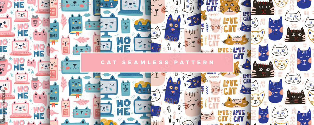 Fototapeta premium Vector seamless pattern set. Cute and funny cats isolated on the white background. Trendy animals in caps and glasses. Creative childish pink texture. Great for fabric, textile.
