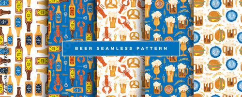 Beer fest seamless pattern illustration set. Trendy style. Vector design template. Design for poster, card, invitation, placard, brochure, flyer.