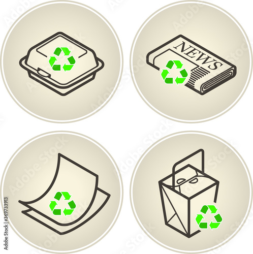 Recycling icons - takeaway container, newspaper, paper, and cartons.
