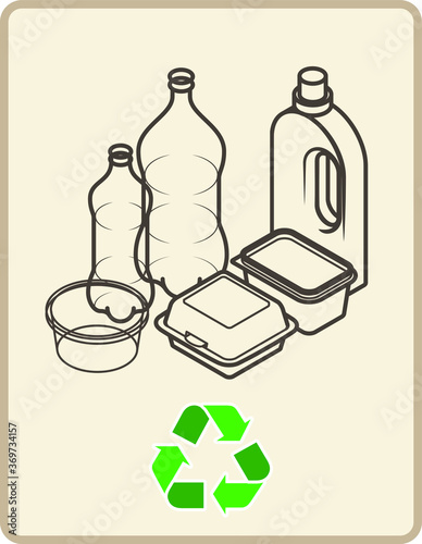 Recycling sign with an arrangement of plastic containers, bottles and tubs.