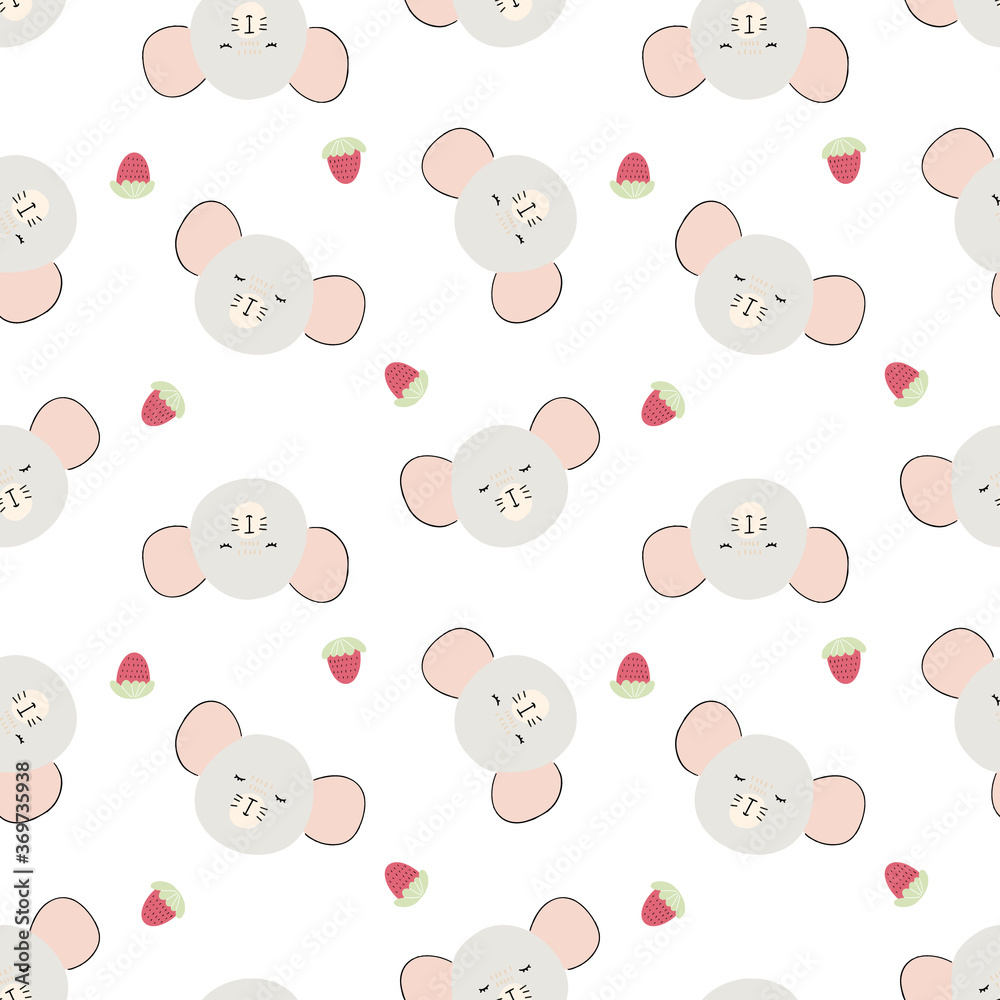 Vector pattern of cartoon rat heads with strawberry on white background. Doodle illustration of cartoon mouses. Seamless pattern for decorative designs.